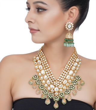 Preeti Mohan-Gold Plated Green Big Polki Necklace Set-INDIASPOPUP.COM