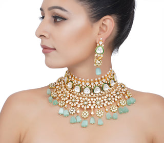 Preeti Mohan-Gold Plated Mint Kundan Necklace Set-INDIASPOPUP.COM
