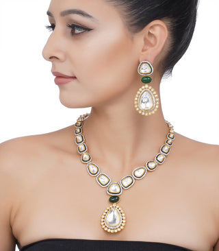 Preeti Mohan-Gold Plated Green Single Big Polki Pendant Necklace Set-INDIASPOPUP.COM