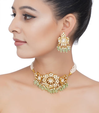 Preeti Mohan-Gold Plated Aqua Green Kundan Choker Necklace Set-INDIASPOPUP.COM