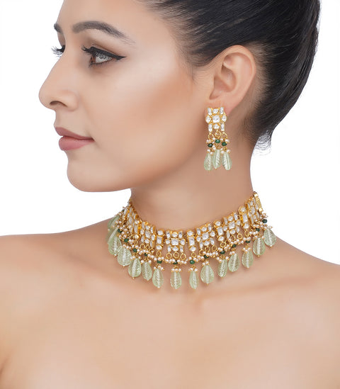 Preeti Mohan-Gold Plated Aqua Green Kundan Necklace Set-INDIASPOPUP.COM