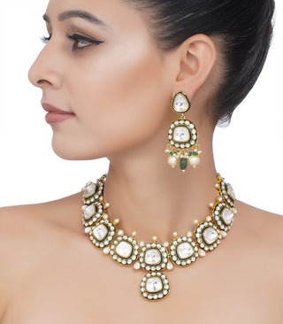 Preeti Mohan-Gold Plated Green Polki Necklace Set With Pearls-INDIASPOPUP.COM