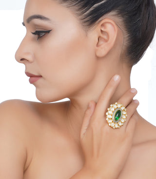 Preeti Mohan-Gold Plated Green Kundan Ring-INDIASPOPUP.COM
