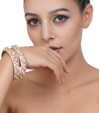 Preeti Mohan-Gold Plated Pink Flower Meena Bangles-INDIASPOPUP.COM