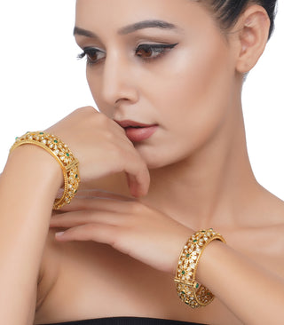 Preeti Mohan-Gold Plated Green Kundan Bangles-INDIASPOPUP.COM
