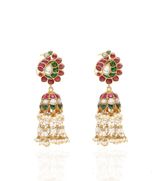 Preeti Mohan-Gold Plated Red And Green Kundan Necklace With White Drops-INDIASPOPUP.COM