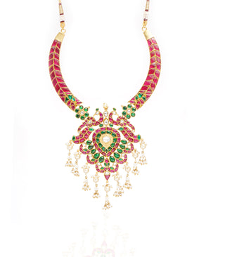 Preeti Mohan-Gold Plated Red And Green Kundan Necklace With White Drops-INDIASPOPUP.COM