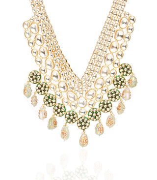 Preeti Mohan-Gold Plated Green Big Polki Necklace Set-INDIASPOPUP.COM