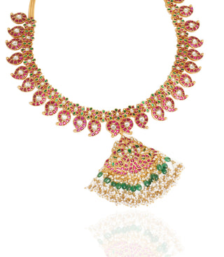Preeti Mohan-Gold Plated Red And Green Kunda Pendant Necklace Set-INDIASPOPUP.COM