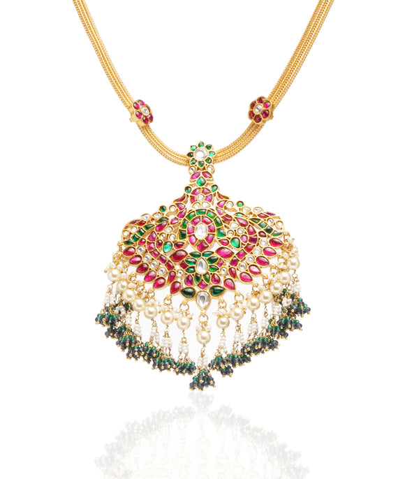 Preeti Mohan-Gold Plated Red & Green Kundan Pendant Necklace With Chain String-INDIASPOPUP.COM