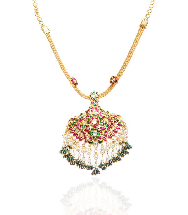 Preeti Mohan-Gold Plated Red & Green Kundan Pendant Necklace With Chain String-INDIASPOPUP.COM
