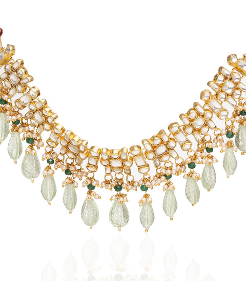 Preeti Mohan-Gold Plated Aqua Green Kundan Necklace Set-INDIASPOPUP.COM