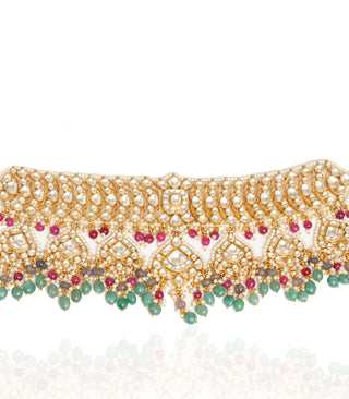 Preeti Mohan-Gold Plated Red & Green Kundan Necklace Set-INDIASPOPUP.COM