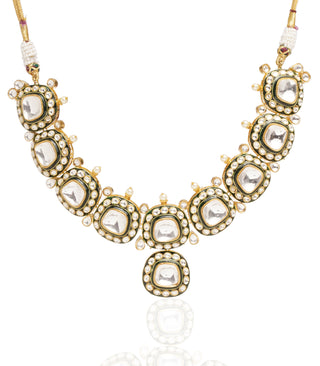 Preeti Mohan-Gold Plated Green Polki Necklace Set With Pearls-INDIASPOPUP.COM