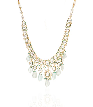 Preeti Mohan-Gold Plated Green Polki Necklace With Mint Drops-INDIASPOPUP.COM