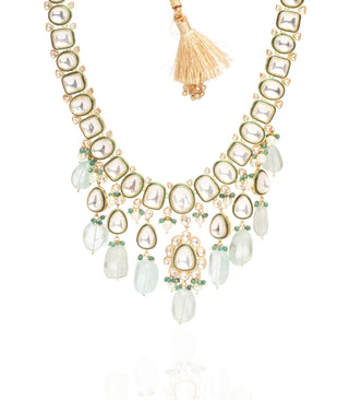 Preeti Mohan-Gold Plated Green Polki Necklace With Mint Drops-INDIASPOPUP.COM