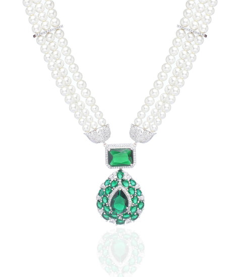 Preeti Mohan-Silver Finish Green Zircon Pendant Necklace Set-INDIASPOPUP.COM