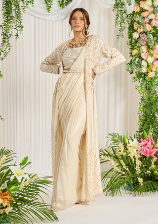 Nidhika Shekhar-Ivory Subh Bela Cape Sari Set-INDIASPOPUP.COM