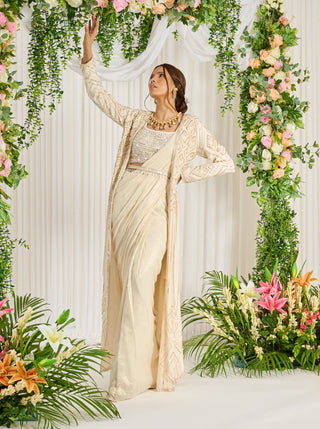 Nidhika Shekhar-Ivory Subh Bela Cape Sari Set-INDIASPOPUP.COM