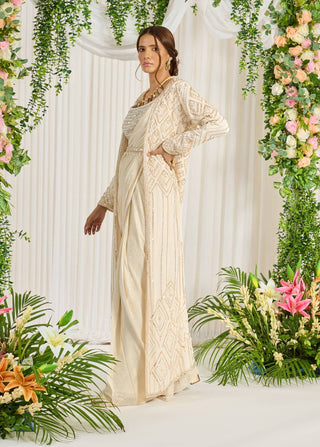 Nidhika Shekhar-Ivory Subh Bela Cape Sari Set-INDIASPOPUP.COM