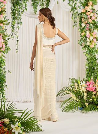 Nidhika Shekhar-Ivory Subh Bela Cape Sari Set-INDIASPOPUP.COM