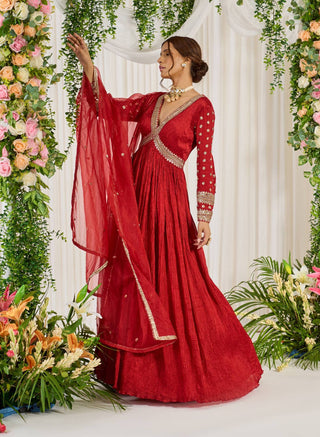 Nidhika Shekhar-Red Embroidered Anarkali With Dupatta-INDIASPOPUP.COM