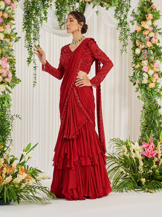 Nidhika Shekhar-Red Draped Ruffle Lehenga Sari With Blouse-INDIASPOPUP.COM