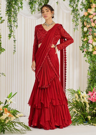 Nidhika Shekhar-Red Draped Ruffle Lehenga Sari With Blouse-INDIASPOPUP.COM