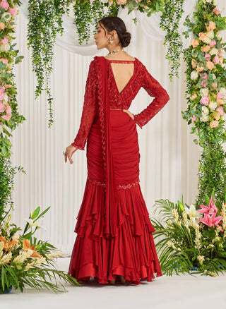 Nidhika Shekhar-Red Draped Ruffle Lehenga Sari With Blouse-INDIASPOPUP.COM