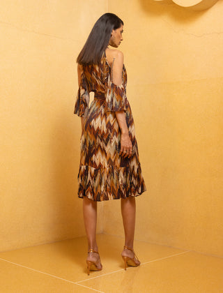 Nikita Mhaisalkar-Sundown Coffee High Neck Ruffle Dress With Belt-INDIASPOPUP.COM