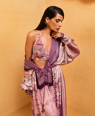 Nikita Mhaisalkar-Lilac Floss Print Kaftan With Bralette-INDIASPOPUP.COM