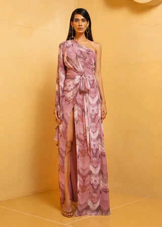 Nikita Mhaisalkar-Lilac Printed One Shoulder Slit Draped Dress-INDIASPOPUP.COM