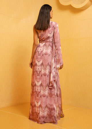 Nikita Mhaisalkar-Lilac Printed One Shoulder Slit Draped Dress-INDIASPOPUP.COM