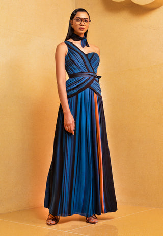 Nikita Mhaisalkar-Midnight Printed One Shoulder Pleated Dress-INDIASPOPUP.COM