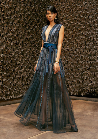 Nikita Mhaisalkar-Midnight Tulle Metallic Dress-INDIASPOPUP.COM