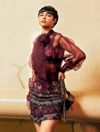 Nikita Mhaisalkar-Wine Embroidered Skirt Set-INDIASPOPUP.COM