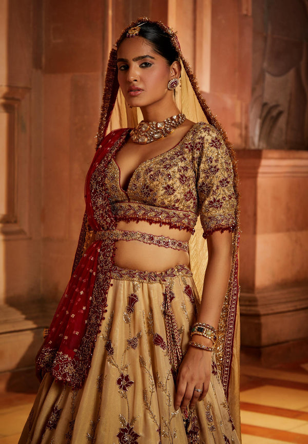 Mehroon copper tissue lehenga set Design by Vvani by Vani Vats at Modvey |  Modvey