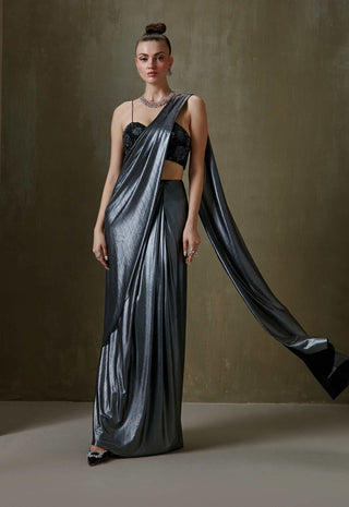 Namrata Joshipura-Silver Wild Iris Sari With Blouse-INDIASPOPUP.COM