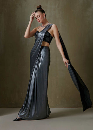 Namrata Joshipura-Silver Wild Iris Sari With Blouse-INDIASPOPUP.COM