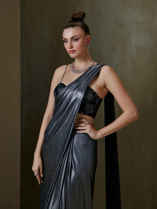 Namrata Joshipura-Silver Wild Iris Sari With Blouse-INDIASPOPUP.COM