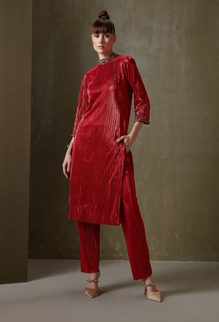 Namrata Joshipura-Red Jewel Cluster Straight Tunic With Pant-INDIASPOPUP.COM