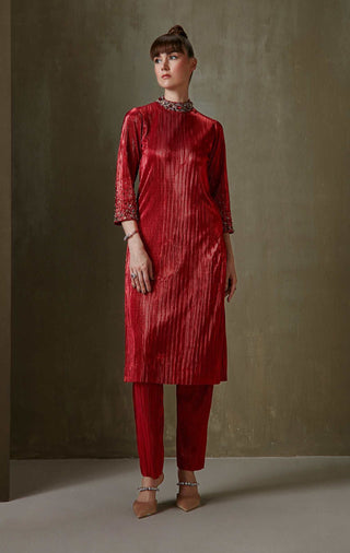 Namrata Joshipura-Red Jewel Cluster Straight Tunic With Pant-INDIASPOPUP.COM