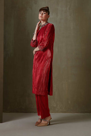 Namrata Joshipura-Red Jewel Cluster Straight Tunic With Pant-INDIASPOPUP.COM