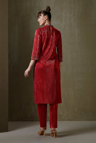 Namrata Joshipura-Red Jewel Cluster Straight Tunic With Pant-INDIASPOPUP.COM