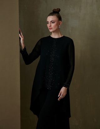 Namrata Joshipura-Black Jewel Cluster Long Back Tunic And Pant-INDIASPOPUP.COM