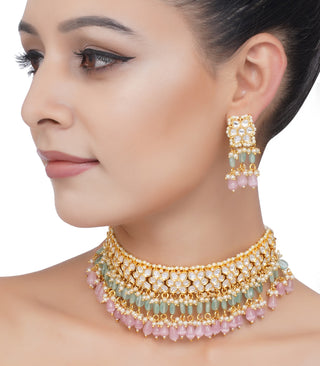 Preeti Mohan-Gold Plated Mint And Pink Kundan Choker With Small Stud-INDIASPOPUP.COM