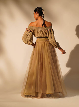 Nikita Mhaisalkar-Beige Tulle Skirt And Off-Shoulder Top-INDIASPOPUP.COM