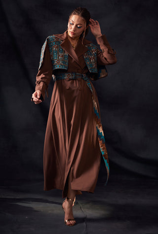 Nikita Mhaisalkar-Dark Tan Trench Coat With Embroidered Belt-INDIASPOPUP.COM