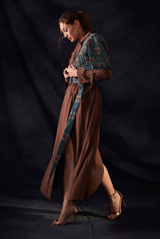Nikita Mhaisalkar-Dark Tan Trench Coat With Embroidered Belt-INDIASPOPUP.COM