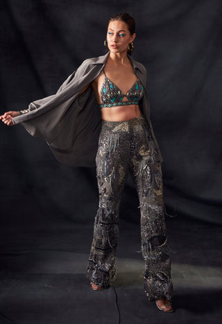 Nikita Mhaisalkar-Grey Metal Embroidery Pants-INDIASPOPUP.COM